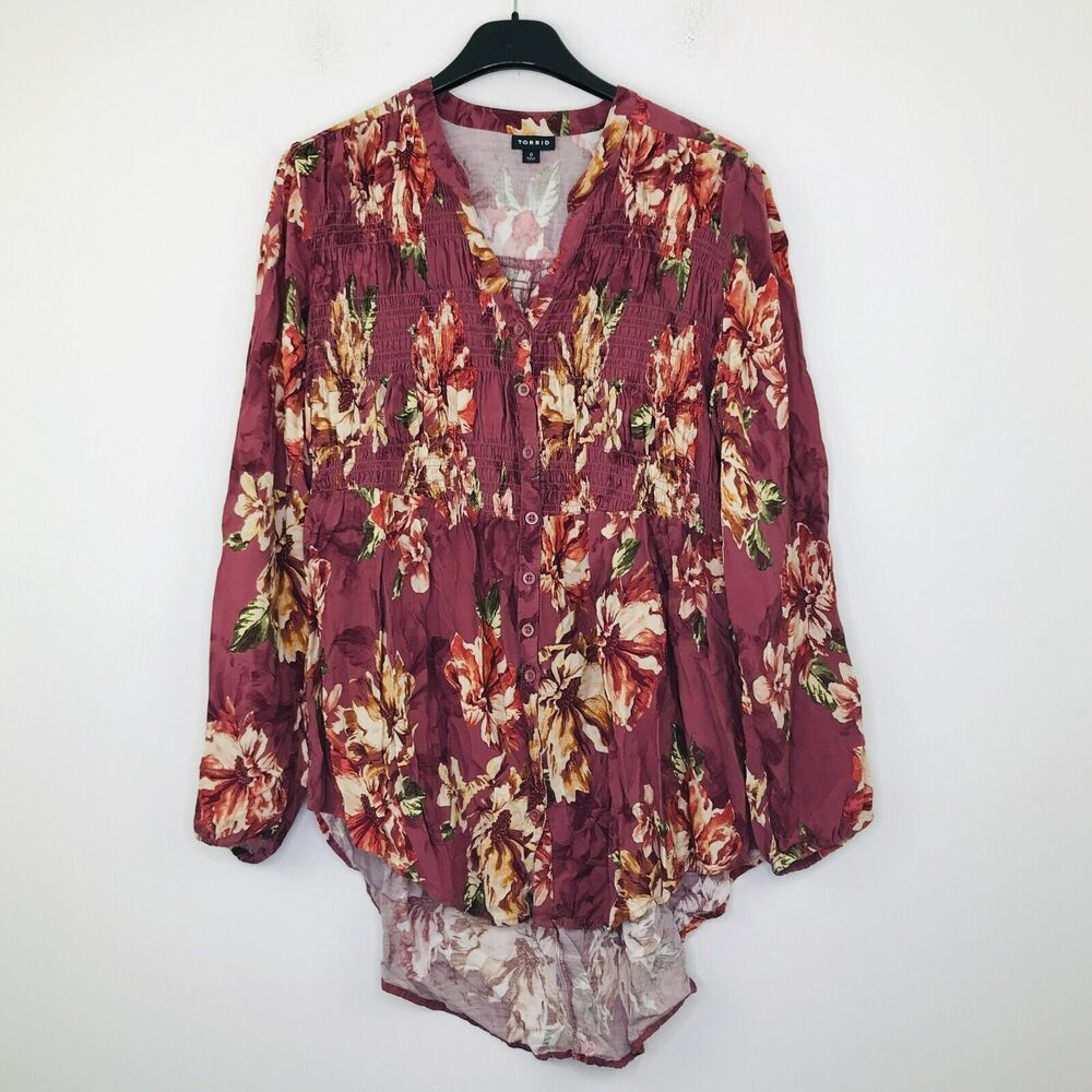 Torrid 0 (Large) Tunic Top Mauve Floral Babydoll Twill Smocked Button-Front CM25